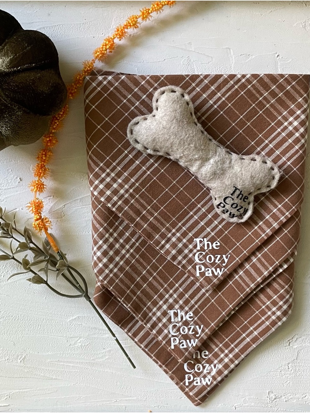 Hand Crafted Brown Plaid Dog Bandana with Cream Bone Toy